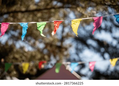 Brightly colored bunting flags flutter outdoors against a blurred backdrop of trees.