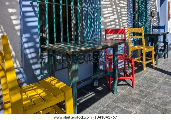 Brightly Colored Chairs Line Sidewalk Outside Stock Photo Edit