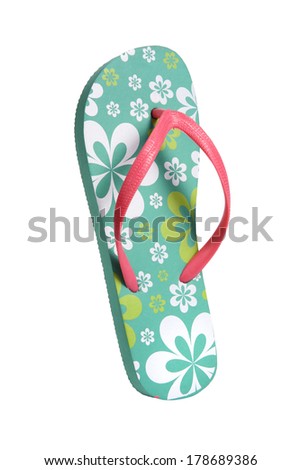 Brightly colored flip flops with flowers / object photography in a studio of women's beach shoes - isolated on white background 