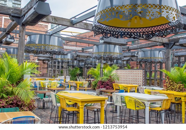 Brightly Colored Outdoor Patio Restaurant Industrial Stock Photo