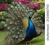 A brightly colored peacock is a stunning bird known for its iridescent plumage, featuring vibrant blues, greens, and golds. 