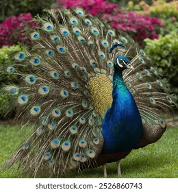 A brightly colored peacock is a stunning bird known for its iridescent plumage, featuring vibrant blues, greens, and golds. 