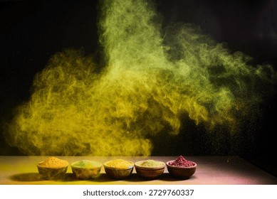 Brightly colored spice powder exploding in air