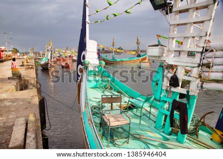 Image, Stock Photo Little ship moored to a pier in Hamburg.