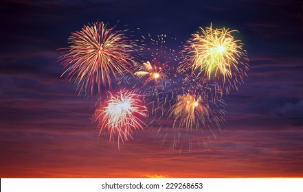 Brightly colorful fireworks in the night sky.