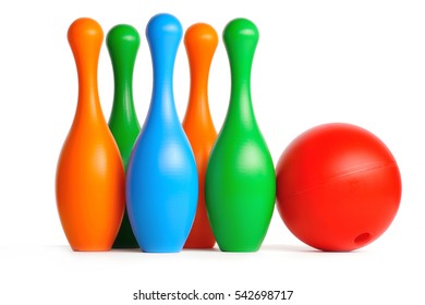 brightly coloured plastic bowling game, isolated on white background