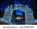Brightly lit Elk antler arches in Jackson Wyoming town square in winter at twilight
