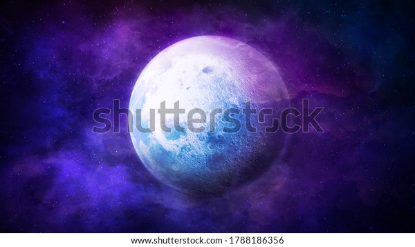 A brightly lit moon against a backdrop of\
fantastic space.