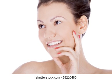 Brightly picture of smiling brunette over white