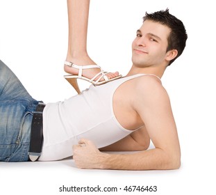 Brightly Picture Of Young Man Holding Female Leg In High Heels