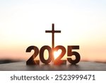 The brightly rising sun of the new year 2025, sunrise and sunset, the holy cross of Jesus Christ and the church faith and belief background
