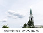 Brighton Allston Congregational Church Steeple Against Cloudy Sky, Massachusetts, USA