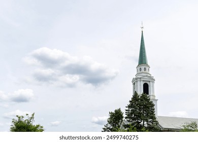 Brighton Allston Congregational Church Steeple Against Cloudy Sky, Massachusetts, USA - Powered by Shutterstock