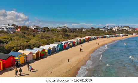 BRIGHTON BEACH, AUSTRALIA - SEPTEMBER 2018: Aerial view of Brighton Beach Colourful Huts, Victoria, Australia.