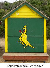BRIGHTON BEACH, MELBOURNE, AUSTRALIA - 29 DEC 2017 - Brighton Beach Box with Australian boxing kangaroo painted on door
