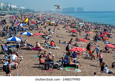 Brighton Beach, Sussex, England, August 2019. People Flock To The Beach In Brighton To Sunbathe And Swim In The Record Breaking Hot Temperatures Of 2019.