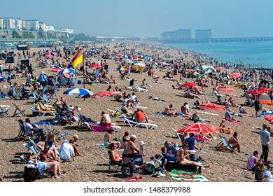 Brighton Beach, Sussex, England, August 2019. People Flock To The Beach In Brighton To Sunbathe And Swim In The Record Breaking Hot Temperatures Of 2019.