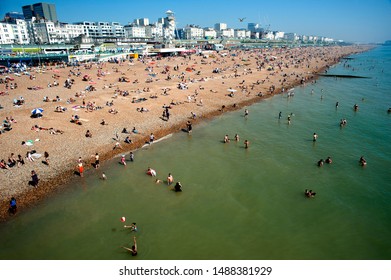 Brighton Beach, Sussex, England, August 2019. People Flock To The Beach In Brighton To Sunbathe And Swim In The Record Breaking Hot Temperatures Of 2019.

