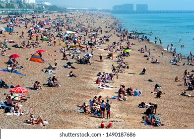 Brighton Beach, Sussex, England, August 2019. People Flock To The Beach In Brighton To Sunbathe And Swim In The Record Breaking Hot Temperatures Of 2019.