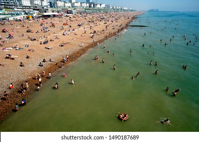 Brighton Beach, Sussex, England, August 2019. People Flock To The Beach In Brighton To Sunbathe And Swim In The Record Breaking Hot Temperatures Of 2019.