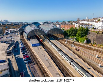 Brighton Beach, UK - July 8, 2022: Aerial Image Of The Brighton Train Hub UK England