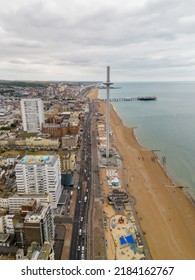 Brighton Beach, UK - July 8, 2022: Vertical Aerial Drone Photo Of Brighton Beach England UK