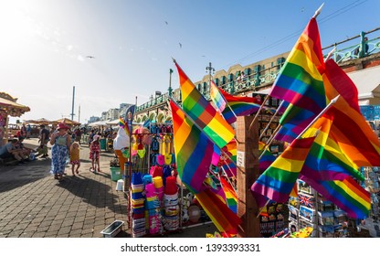 Brighton, East Sussex /England - August 7 2018: Pride Flags and Brighton Beach Seafront, Brighton, East Sussex, England, United Kingdom, Europe