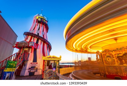 Brighton, East Sussex /England - August 7 2018: Brighton Palace Pier at dusk, East Sussex, England, United Kingdom, Europe