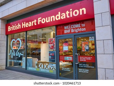                                Brighton, East Sussex, England, February 8th 2018 The British Heart Foundation Charity Shop. The Shops Have Goods, Clothing And Furniture, And Are Very Popular  