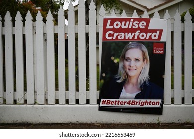 Brighton East, Victoria, Australia - October 21 2022: State Election Campaign Sign For Labor Party Candidate For Brighton Louise Crawford, On A White Picket Fence Outside A Suburban Home