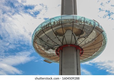 Brighton, England July 23, 2017. People Get Up In The I360 Tower In Brighton To Enjoy The View Over The Famous Cliffs