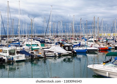 BRIGHTON, ENGLAND - SEPTEMBER 08 2018: Yachts and boats in Brighton Marina, East Sussex, UK, residential and leisure complex on September 08, 2018 - Shutterstock ID 1183096543