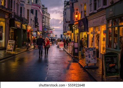 Brighton, England, UK, 14 January 2017.
Brighton Street , With Shops And Restaurants, Just Before Sunset.