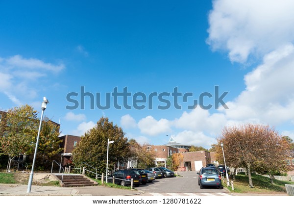 Brighton, England-19 October, 2018: The entrance\
of the building of secondary school for children Dorothy Stringer\
School in Brighton, East\
Sussex.