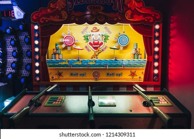 Brighton, England-2 October,2018: Classic Vintage Sideshow Shooting Gallery Theme Park Arcade Game Carnival In Casino Game At The Hollywood Bowl Brighton Marina The Place For Entertainment And Fun.