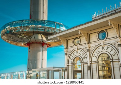 Brighton, England-6 October,2018: The British Airways i360 skyline tower is the world's tallest in the world in Brighton Pier. Glass pod and tower for sightseeing attraction at Brighton Pier, UK