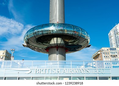 Brighton, England-6 October,2018: The British Airways i360 skyline tower is the world's tallest in the world in Brighton Pier. Glass pod and tower for sightseeing attraction at Brighton Pier, UK