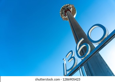 Brighton, England-6 October,2018: The British Airways i360 skyline tower  tallest in the world for sightseeing attraction designed by David Marks and Julia Barfield at Brighton Pier, UK.