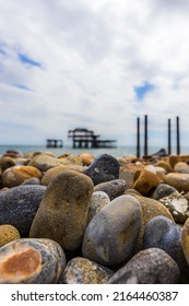 Brighton And Hove, England - May 30 2022: Brighton Beach West Pier Ruins. It Was Designed By Eugenius Birch And Opened In 1866