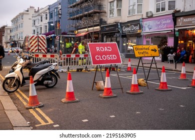 Brighton, UK - 08.23.2022: Road Repair In The City In The Evening