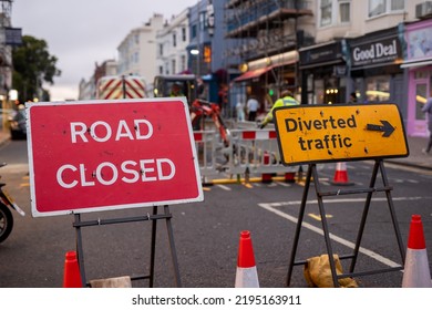 Brighton, UK - 08.23.2022: Road Repair In The City In The Evening