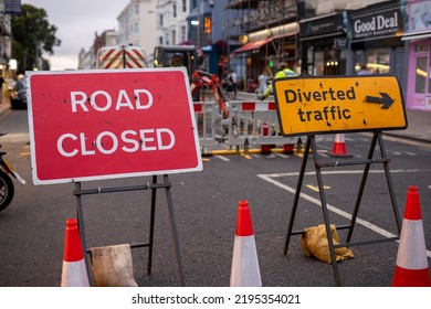 Brighton, UK - 08.23.2022: Road Repair In The City In The Evening