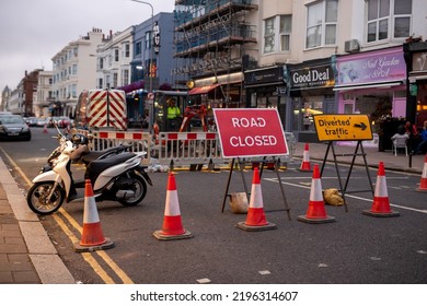 Brighton, UK - 08.23.2022: Road Repair In The City In The Evening