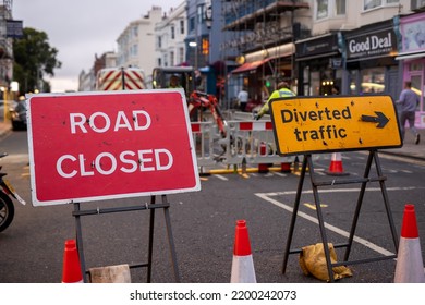 Brighton, UK - 08.23.2022: Road Repair In The City In The Evening