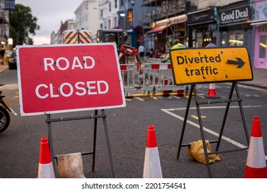 Brighton, UK - 08.23.2022: Road Repair In The City In The Evening