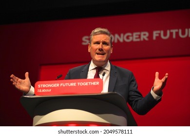 Brighton UK  09 29 2021: Sir Keir Starmer Giving His Speech To The Labour Party Conference 