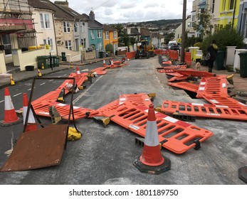 Brighton UK - August 23 2020 Traffic Barrier Fences Blown Down By Strong Wind On Islingword Road