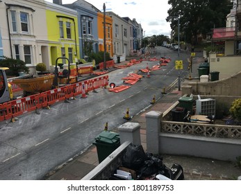 Brighton UK - August 23 2020 Traffic Barrier Fences Blown Down By Strong Wind On Islingword Road