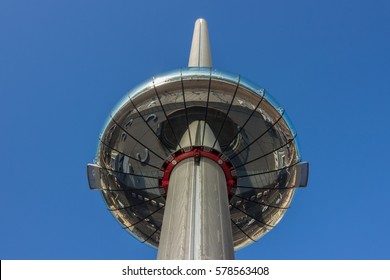 BRIGHTON, UK - FEBRUARY 13, 2017: I360 Tower Is Busy On A Sunny Winter Day During Half-term Holidays