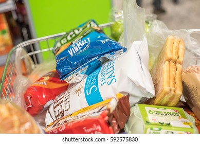 Brighton, UK, - February 25, 2017. Groceries On A Supermarket Trolley